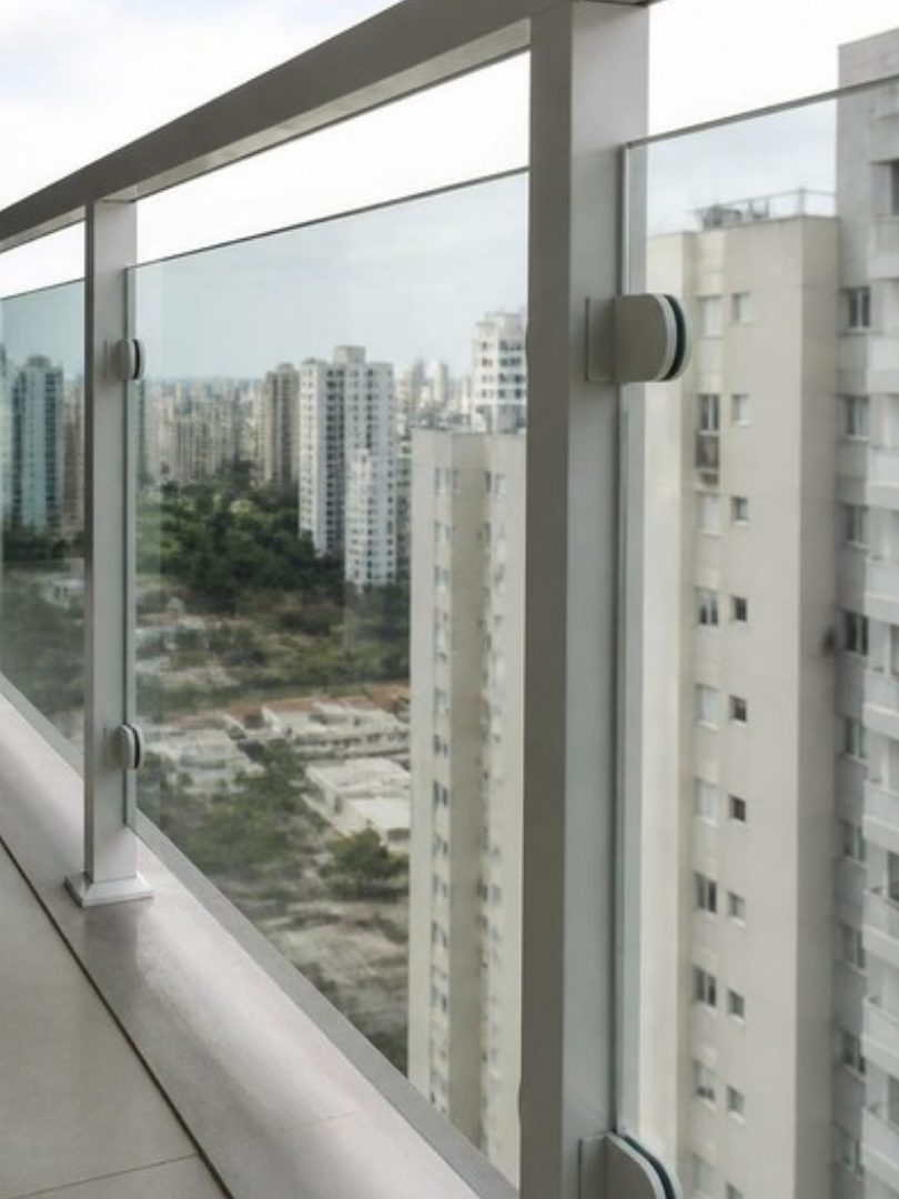 Guarda-corpo de vidro com montantes de alumínio em varanda, com a cidade ao fundo.