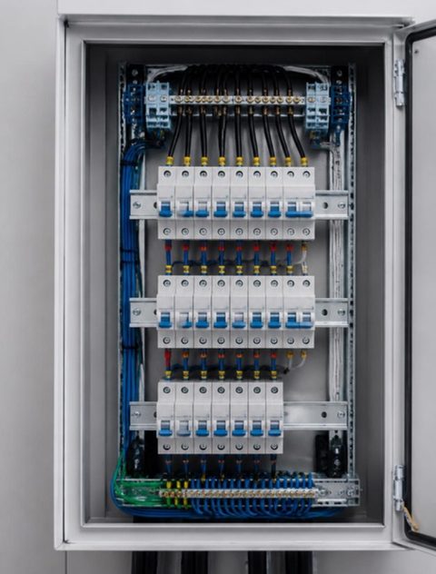 Quadro de distribuição elétrica aberto, com disjuntores e cabos organizados.